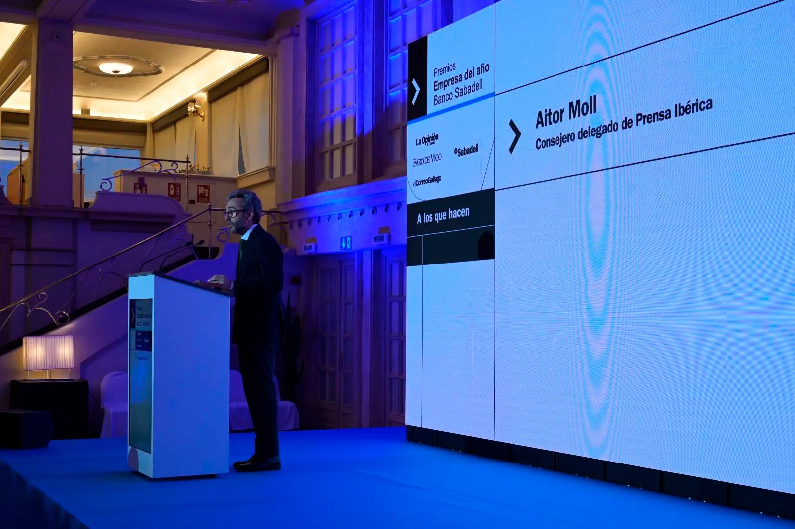 El conseller delegat de Prensa Ibérica, Aitor Moll, durant la seva intervenció en l’obertura de la gala. / Carlos Pardellas / Casteleiro / Gus de la Paz
